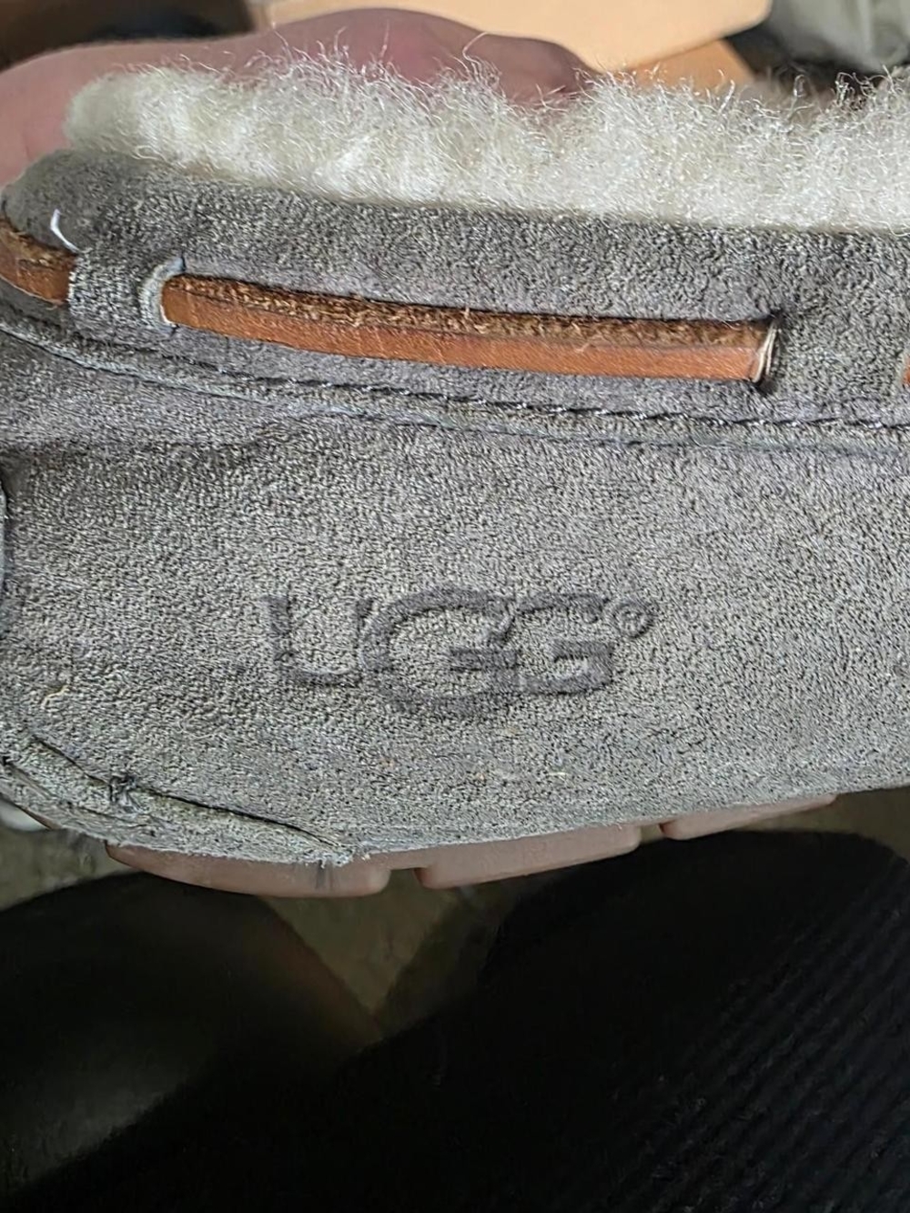 UGG Women's Gray Suede Moccasin Slippers with Shearling Trim